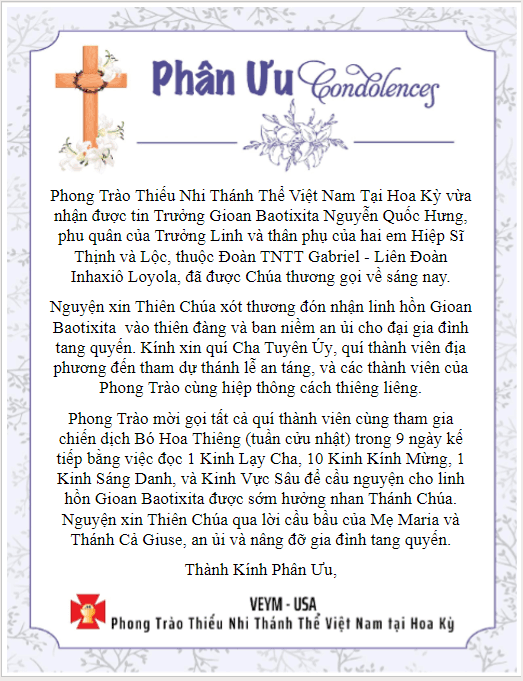 RIP Trưởng Gioan Baotixita Nguyễn Quốc Hưng - Thành Kính Phân Ưu