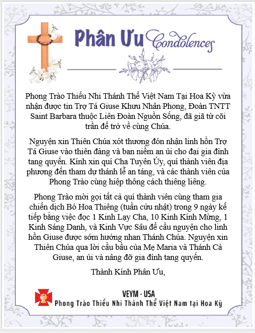 RIP Trợ Tá Giuse Khưu Nhân Phong - Thành Kính Phân Ưu