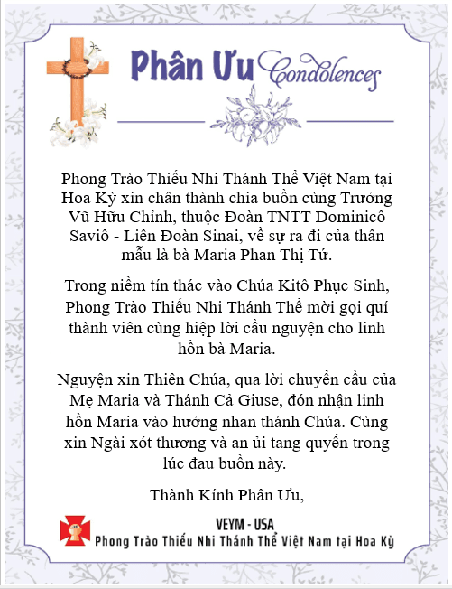 Please Pray for Linh Hồn Maria Phan Thị Tứ - Thành Kính Phân Ưu!