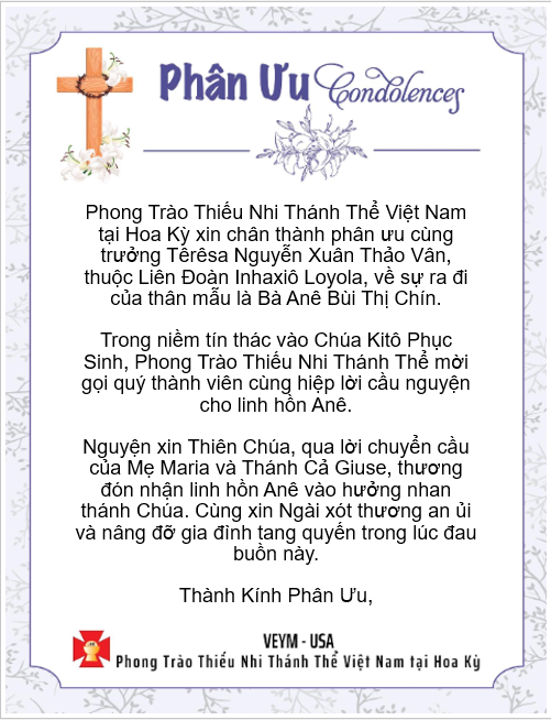 Please pray for Linh Hồn Anê Bùi Thị Chín - Thành Kính Phân Ưu!