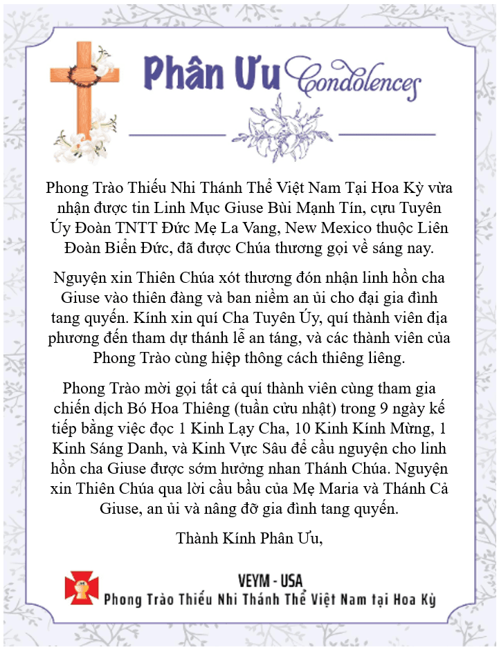 RIP Cha Cố Giuse Bùi Mạnh Tín - Thành Kính Phân Ưu!