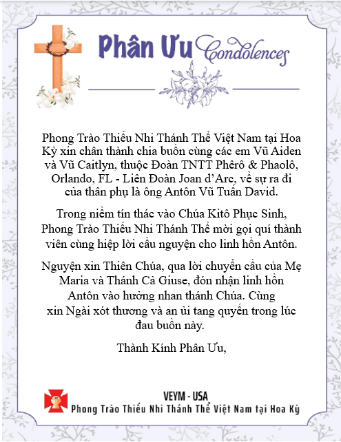 Please Pray for Linh Hồn Antôn Vũ Tuấn David - Thành Kính Phân Ưu!