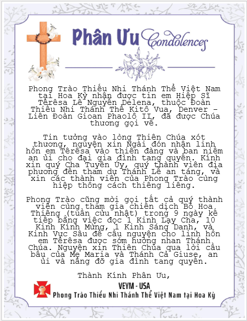 Please pray for Linh Hồn Têrêsa Lê Nguyễn Delena - Thành Kính Phân Ưu!