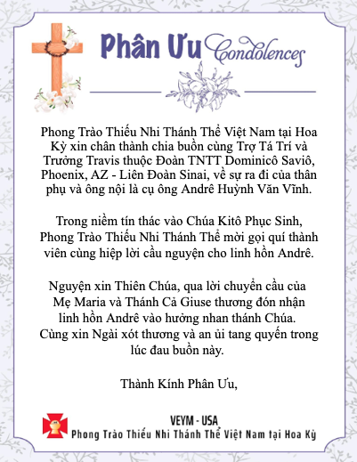Please pray for Linh Hồn Andrê Huỳnh Văn Vĩnh - Thành Kính Phân Ưu!