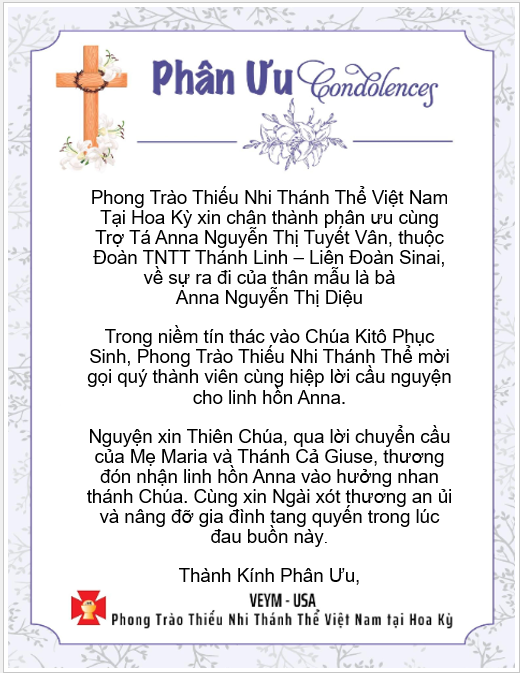 Please pray for Linh Hồn Anna Nguyễn Thị Diệu - Thành Kính Phân Ưu!