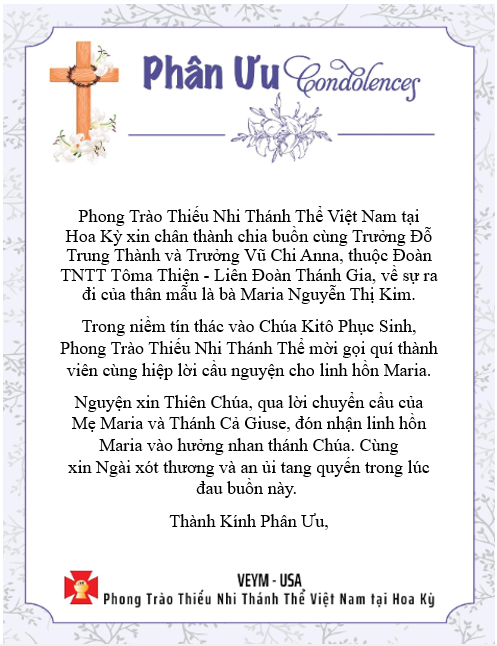 Pray for Linh Hồn Maria Nguyễn Thị Kim - Thành Kính Phân Ưu