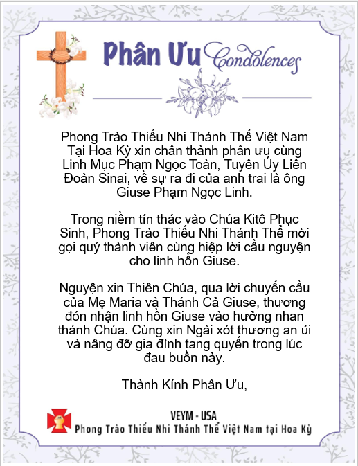 Please pray for Linh Hồn Giuse Phạm Ngọc Linh - Thành Kính Phân Ưu!