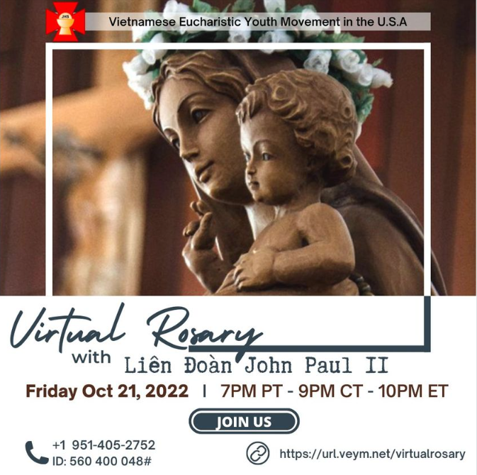 Reminder: Virtual Rosary with the John Paul II League of Chapters happening tonight, October 21st, 2022 & Mass request for departed VEYM and family members for the Month of November