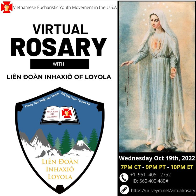Reminder: Virtual Rosary with the Inhaxiô of Loyola League of Chapters happening tonight, October 19th, 2022. Come join us to glorify & praise God!!!