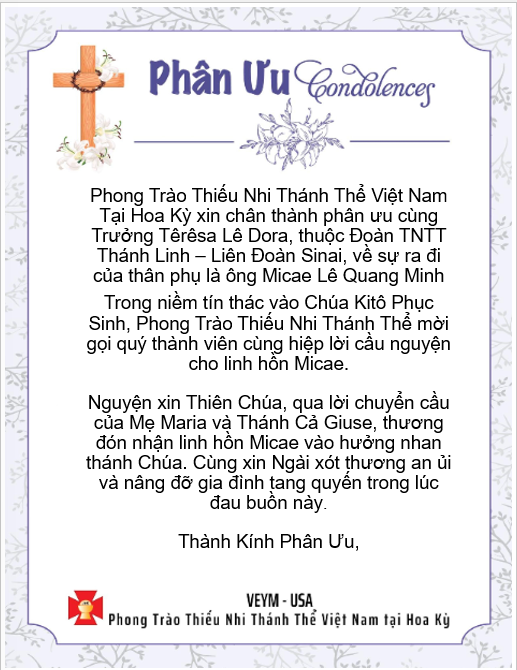 Please pray for Linh Hồn Micae Lê Quang Minh - Thành Kính Phân Ưu!