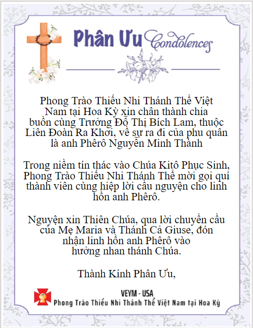 RIP Anh Phêrô Nguyễn Minh Thành​ - Thành Kính Phân Ưu