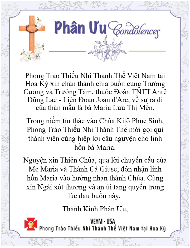 Please Pray for Linh Hồn Maria Lưu Thị Mến - Thành Kính Phân Ưu!