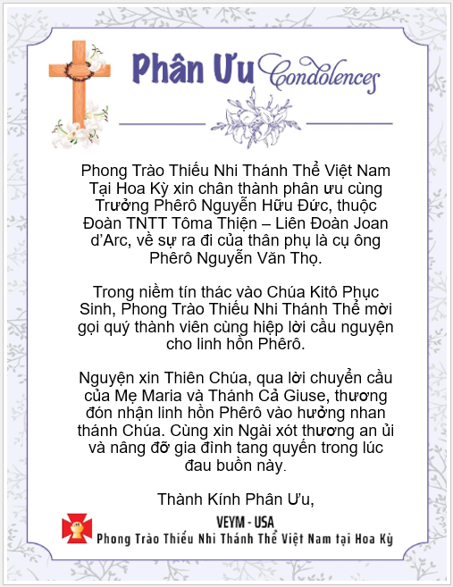 Please pray for Linh Hồn Phêrô Nguyễn Văn Thọ - Thành Kính Phân Ưu!