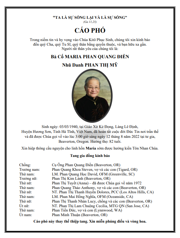 RIP Bà Cố Maria Phan Thị Mỹ - Thành Kính Phân Ưu