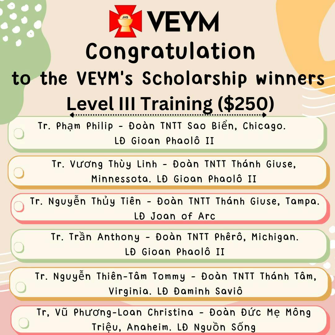 Level III Training Camps Scholarship Winners ($250)