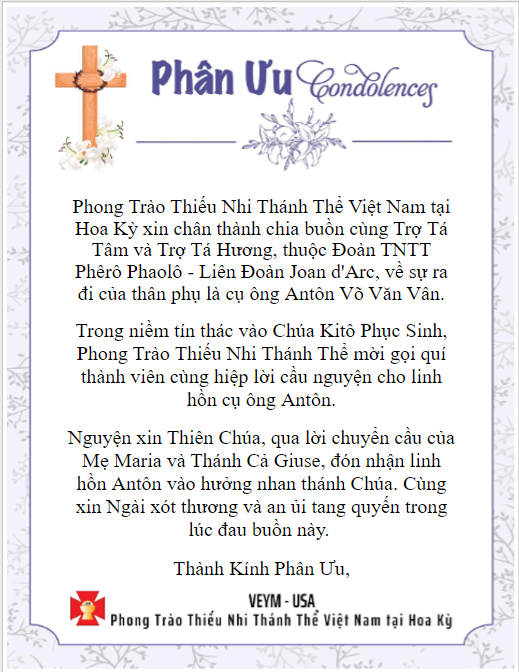 Pray for Linh Hồn Antôn Võ Văn Vân - Thành Kính Phân Ưu!