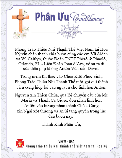 Please Pray for Linh Hồn Antôn Vũ Tuấn David - Thành Kính Phân Ưu!