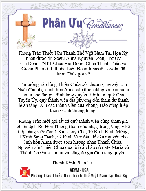 Please pray for Linh Hồn Soeur Anna Nguyễn Loan - Thành Kính Phân Ưu!
