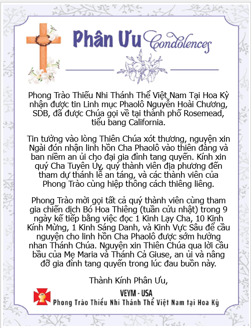Please pray for Linh Hồn Linh Mục Phaolô Nguyễn Hoài Chương, SDB - Thành Kính Phân Ưu!