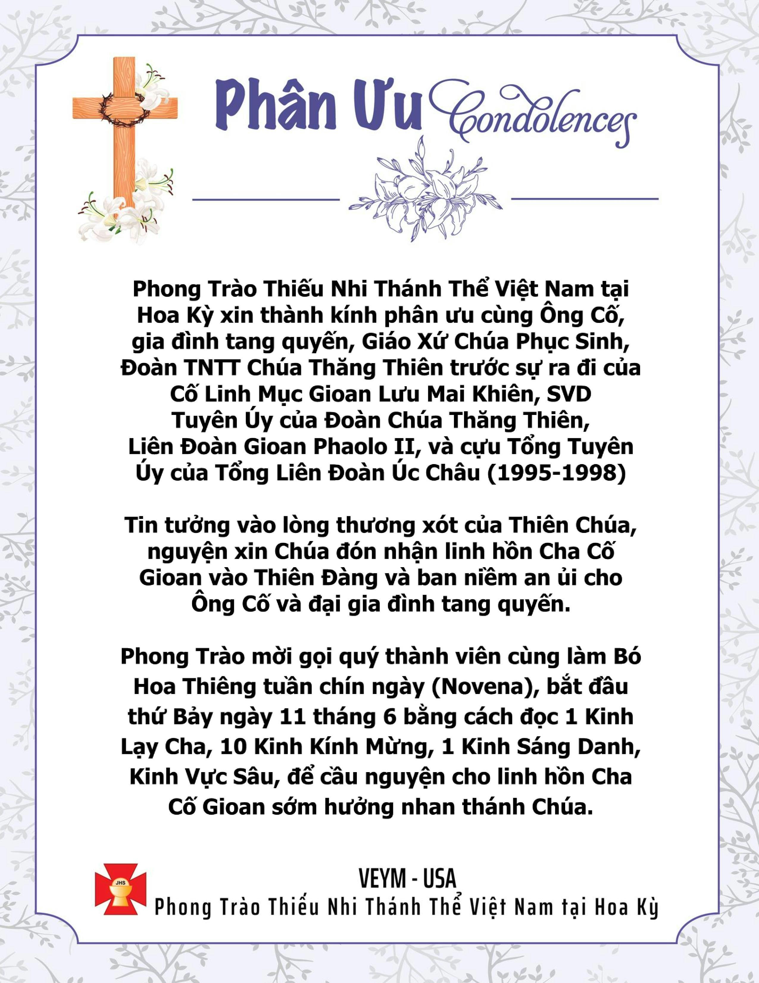 RIP Cha Cố Gioan Lưu Mai Khiên, SVD - Thành Kính Phân Ưu